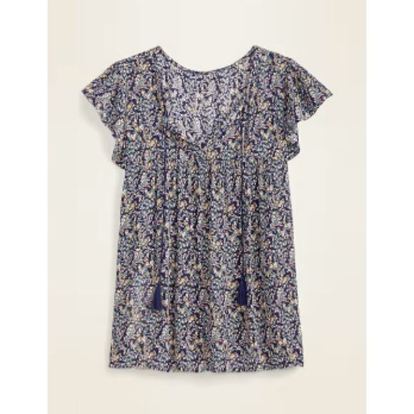 Old Navy Plus Sz 4XL Flowered Sleeveless Tie Neck Top Navy Ruffle Neck Silky - Picture 2 of 7